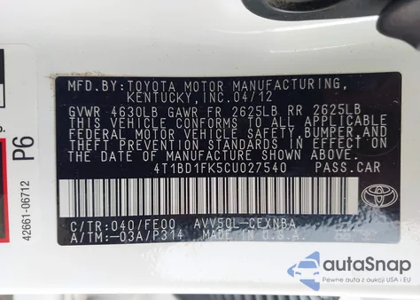 2012 Toyota Camry Hybrid Le z USA, uszkodzony, nr VIN 4T1BD1FK5CU027540
